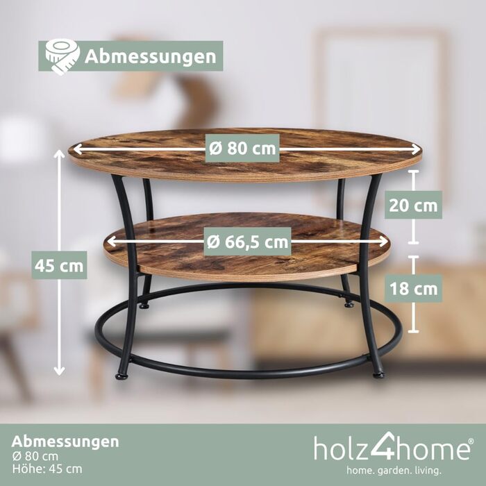 Журнальний стіл holz4home Lillie круглий, з полицею, індустріальний стиль, легка збірка, коричневий