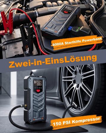 Пусковий пристрій (бустер) Starthilfe 8000A з компресором 150 PSI, 9-в-1: Jump Starter 12V для бензинових та дизельних авто (до 14л), електричний насос та Powerbank з швидкою зарядкою 30W