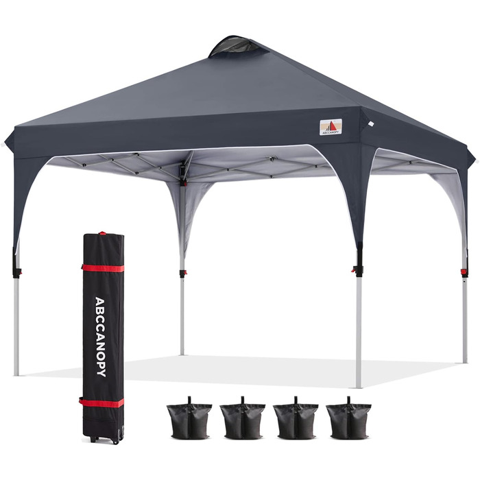 ABCCANOPY 3x3 м водонепроникний павільйон для саду, компактний розкладний тент із захистом від сонця, з роликовою сумкою, 4 утяжувачі, 4 мотузки, 4 кілки, темно-сірий
