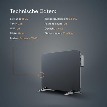 Інфрачервоний металевий обігрівач BR Bringer 450 Вт з Wi-Fi, розумним термостатом і пультом, настінний або мобільний, енергоощадний, чорний, німецька якість