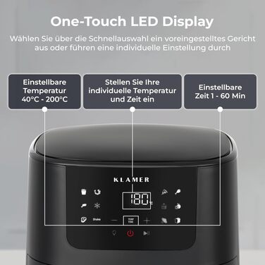 Аерофритюрниця KLAMER 5л XL з вікном та LED-дисплеєм, безмасляна фритюрниця 1500Вт з функцією нагадування про струшування та книгою рецептів