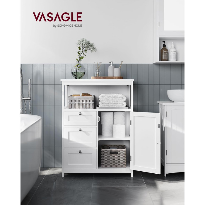 VASAGLE шафа для ванної, білий, 3 шухляди, дверцята, регульована полиця, 30x60x80 см