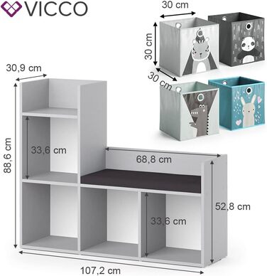 Дитячий стелаж Vicco Luigi сірий, 107x88 см, з 2 або 6 складними коробами