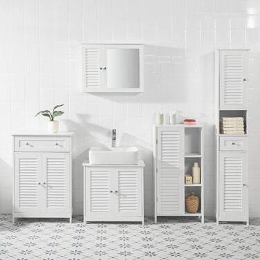 Шафа для ванної SoBuy BZR39-W з ламельними дверцятами, біла, 48x96x24 см – високий комод для зберігання, ванна кімната, меблі для ванної