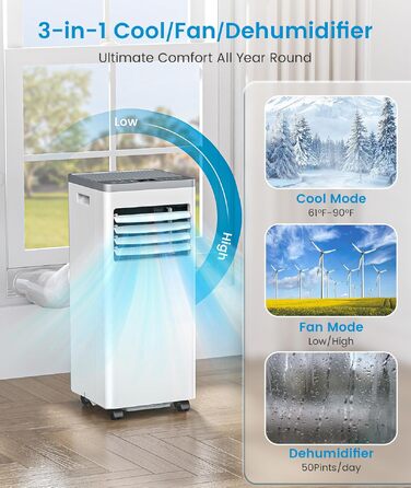 Мобільний кондиціонер Electactic 9000 BTU 3-в-1: з осушувачем, вентилятором, дистанційним керуванням та таймером на 24 години (Преміум білий)