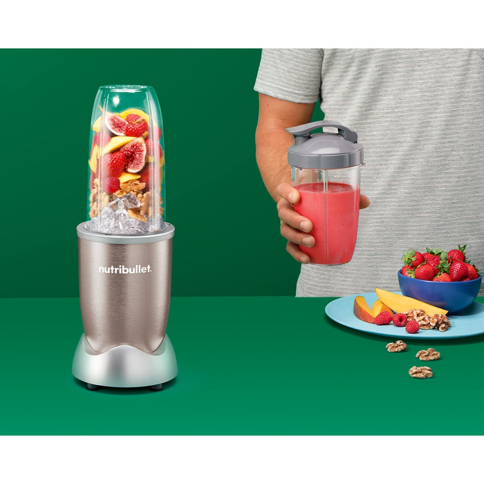 Електричний блендер Nutribullet Pro 900, 900 Вт, 900 мл, 710 мл, шампань, з подрібнювачем, для смузі, багатофункціональний, комплект з 7 аксесуарами (NB910CP)