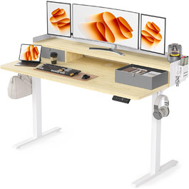 Електричний стіл-трансформер WALKINGDESK з дуба, 140x61 см, регульований письмовий стіл із 2 шухлядами для домашнього офісу, ергономічний стіл-сидячи-стоячи з полицею, тримачем для ручок та гачками