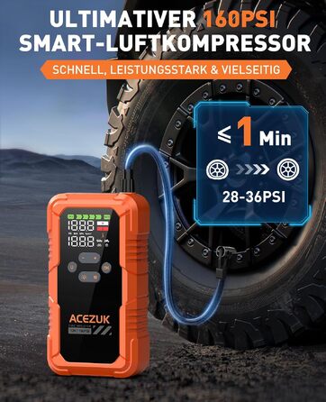 Пусковий пристрій ACEZUK 9000A з компресором 160 PSI та павербанком, помаранчевий