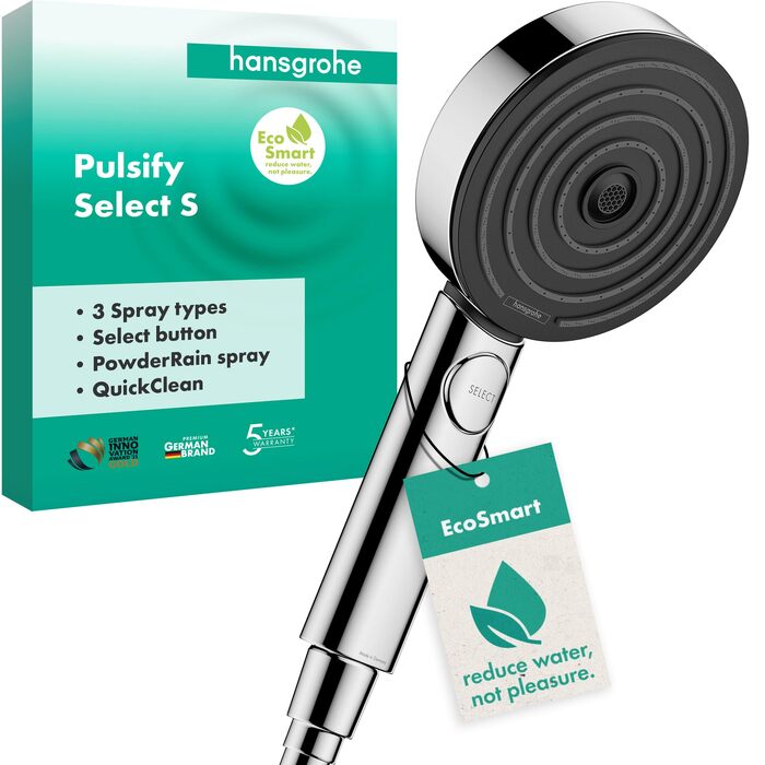 Душова лійка Hansgrohe Pulsify Select S (24101000) з 3 режимами розпилення, EcoSmart (6.9 л/хв), PowderRain та MonoRain, хром