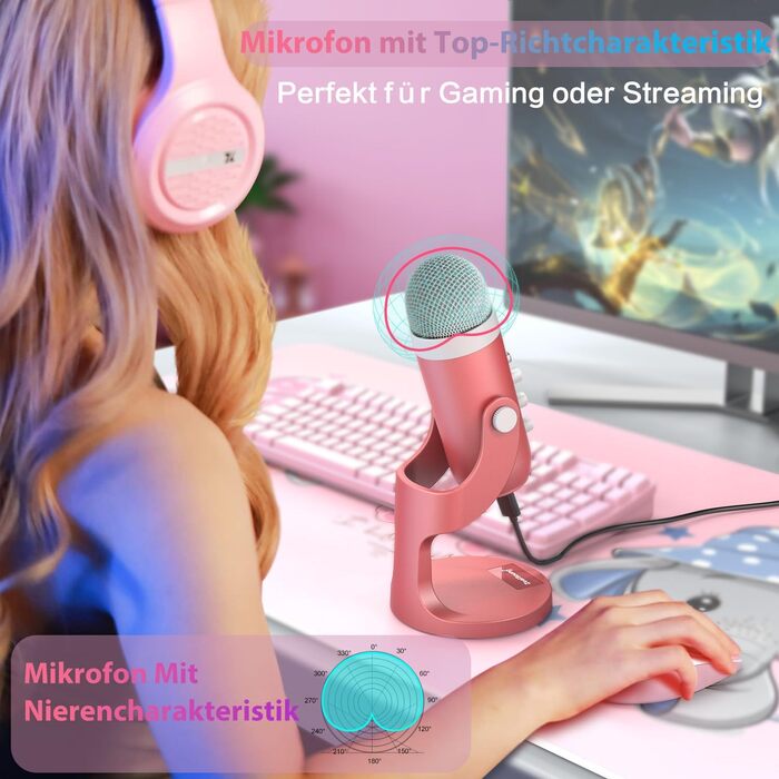 Zealsound USB мікрофон K66 для ігор, запису, стрімінгу, ASMR, подкастів, TikTok, YouTube, Twitch, з шумозаглушенням, моніторингом та кнопкою вимкнення звуку, для iPhone, смартфонів, ПК, PS4/5, рожевий