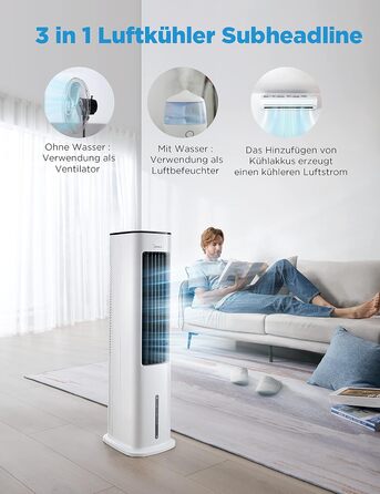 Мобільний кондиціонер Midea з водяним охолодженням, іонізацією та зволоженням, з резервуаром для води 5 л, 355 м³/год, без повітроводу, пульт, 55 Вт, білий