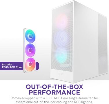 Корпус NZXT H7 Flow RGB білого кольору, Mid-Tower ATX з ефективною вентиляцією, комплектується RGB-вентиляторами, підтримка підлогових вентиляторів для прямого охолодження GPU, сумісний з 360 мм вентиляторами у єдиній рамі