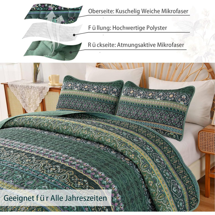 Покривало WONGS BEDDING 200x220 см, стьобане, 3 предмети, мікрофібра, зелений, з 2 наволочками 50x75, для двоспального ліжка та дивана, Boho стиль