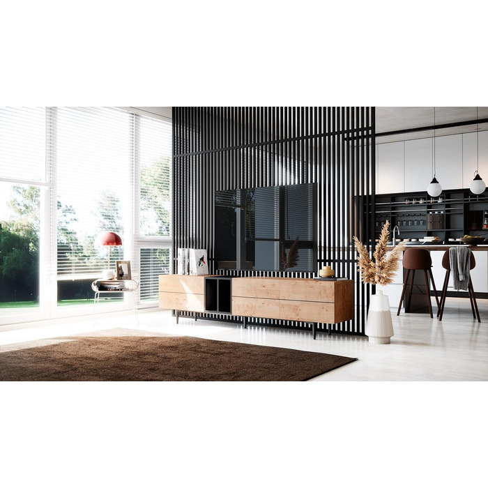 ТВ тумба Newfurn чорна дика дуба, вінтаж індастріал, 195x48x37 см, тумба під телевізор у вітальню