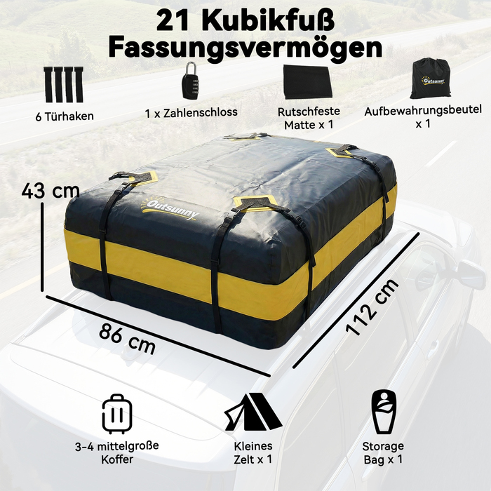 Водонепроникний автомобільний бокс для даху 425 л (підходить для авто з багажником та без), жовтий, з 8 підсиленими ременями та гаками для дверей