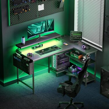 Ігровий кутовий стіл Coleshome з полицями та USB-розетками, з LED-підсвіткою для дому та офісу