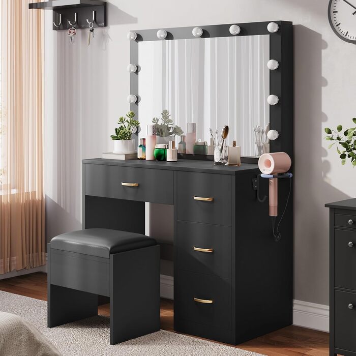 Косметичний стіл YITAHOME з дзеркалом, підсвіткою, розеткою та 4 шухлядами, білий (туалетний столик для макіяжу)