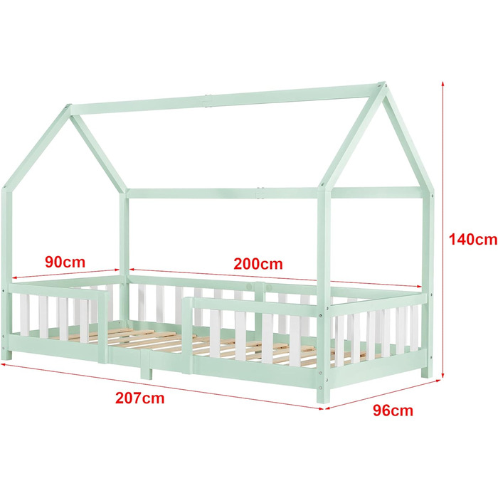 Дитяче ліжко-хаус Sisimiut 90x200 см з бортиками, підліжковим каркасом, з масиву сосни, світло-сіре/біле, [en.casa]