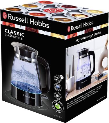 Скляний електрочайник Russell Hobbs 26080-70 Classic Design, 1.7 л, 2400 Вт, з LED-підсвіткою та сталевою основою, чорний/прозорий