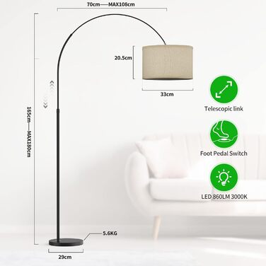 Декоративна торшер-аркова лампа Modlicht JASMIN, LED E27 9W, 3000K, тканинний абажур Ø33 см, лляний бежевий, 165-180 см, для вітальні, спальні, офісу, готелю