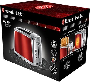 Тостер Russell Hobbs Luna Edelstahl Red на 2 тости, нержавіюча сталь, 6 режимів, розморожування, підігрів, підйом тостів, 1550 Вт