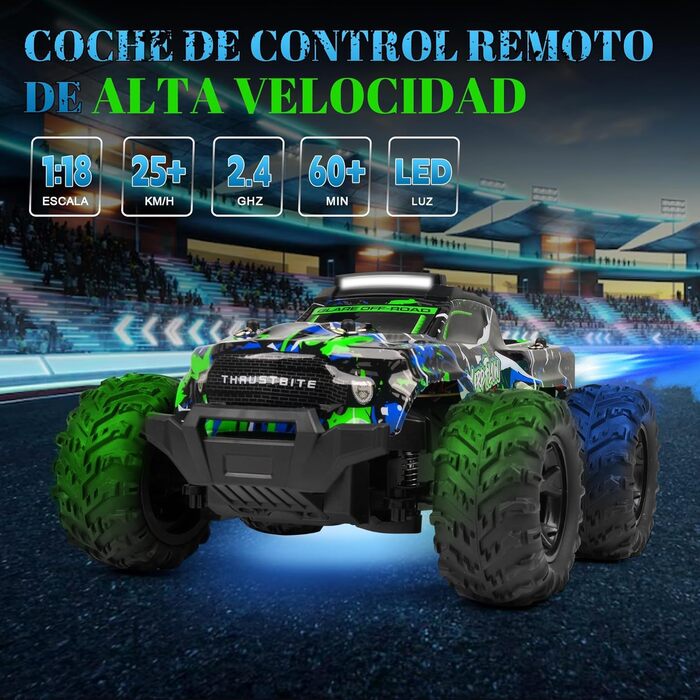 RC Автомобіль 1:18 на радіокеруванні, 25 км/год, LED підсвічування, позашляховик, 2.4 GHz, зелений, з пультом та 2 акумуляторами для хлопчиків від 3 років