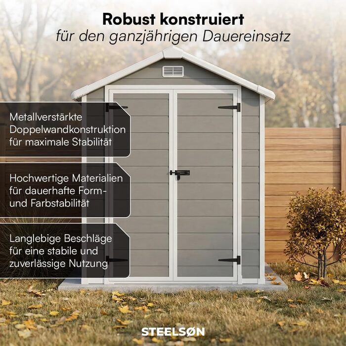 Садовий будиночок STEELSØN Novara 210x134x182 см – пластиковий, сірий, з вікном та двосхилим дахом – для інструментів та зберігання
