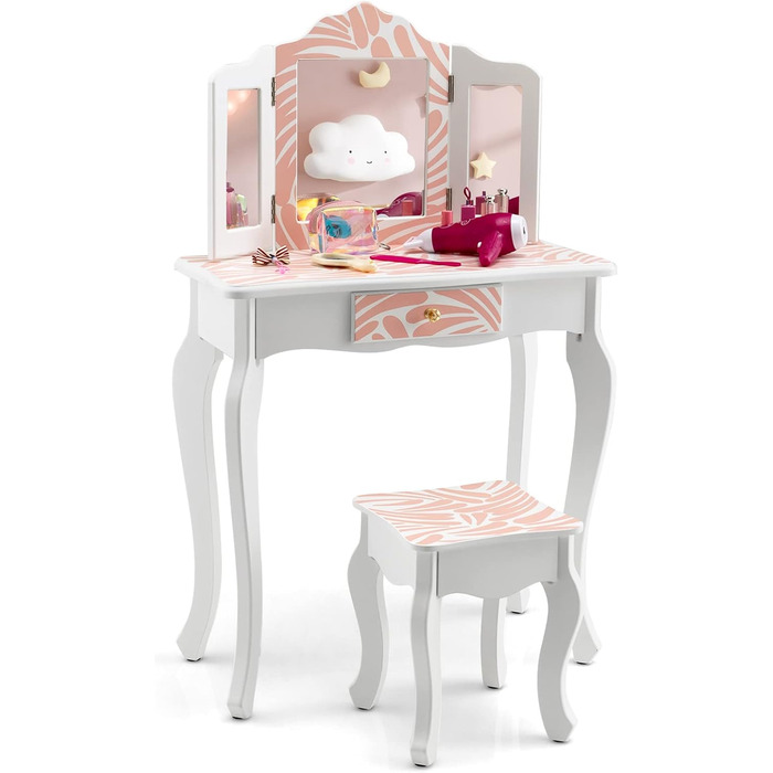 Дитячий туалетний столик GOPLUS Принцеса з дзеркалом, знімна стільниця, шухляда і пуф, косметичний стіл для дівчаток, рожевий зебра