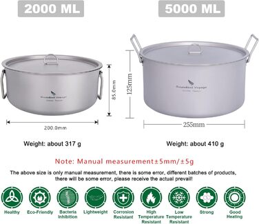 Титановий казан iBasingo 2L/5L з кришкою та складною ручкою для кемпінгу, походів і кухні, легкий туристичний посуд для приготування супу, велика місткість на 6-9 осіб