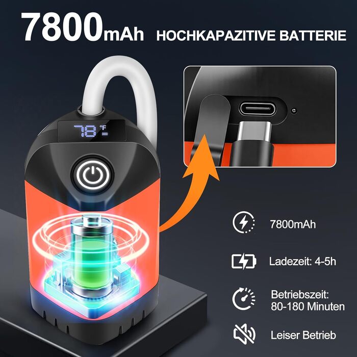 Портативний кемпінговий душ B013 з акумулятором 7800mAh, USB-C, 3-рівневою лійкою та LED-дисплеєм температури, водонепроникний, помаранчевий