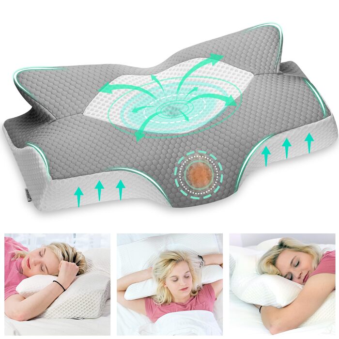 Подушка Elviros з піни Memory Foam для сну на боку, ортопедична для шиї та плечей, сіра 64x12.5/10.5x38 см