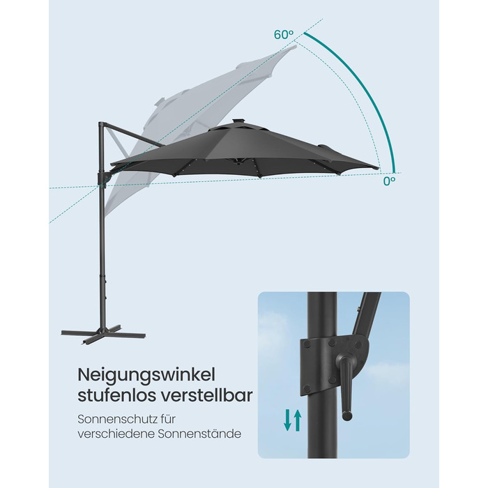 Парасоля SONGMICS для саду, 300 см, ампельна, 28 сонячних LED, UPF 50+, регулювання кута, 360° обертання, сірий
