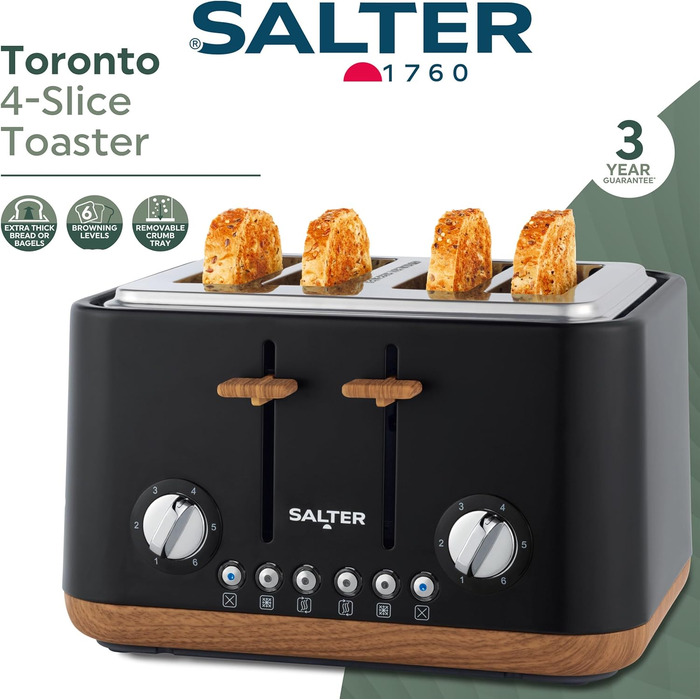 Тостер SALTER Toronto 4-слоти: чорний, 6 рівнів підсмажування, розморожування, підігрів, автоматичне центрування, функція підйому, знімний піддон для крихт, EU-штекер