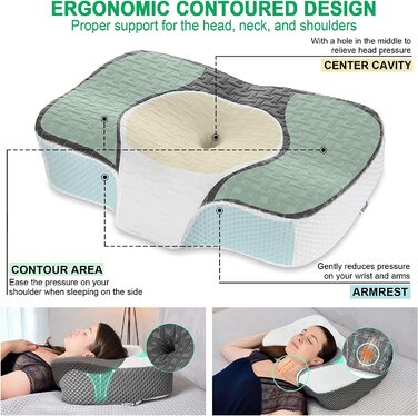 Ортопедична подушка Elviros з піни Memory Foam для шиї та плечей, ергономічна подушка проти хропіння, для сну на боці, темно-сіра 60x38,6x9,9/13,5 см