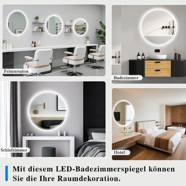 LED-дзеркало для ванної кімнати з підсвічуванням, кругле, 50 см, сенсорне керування, регулювання яскравості, функція пам'яті, дзеркало з HD-скла, захист від вибуху, запобігання запотіванню, 3 кольори світла, 60x60 см
