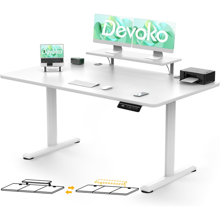 Електричний регульований стіл Devoko 160x70 см з підставкою для монітора та пам'яттю висоти - білий