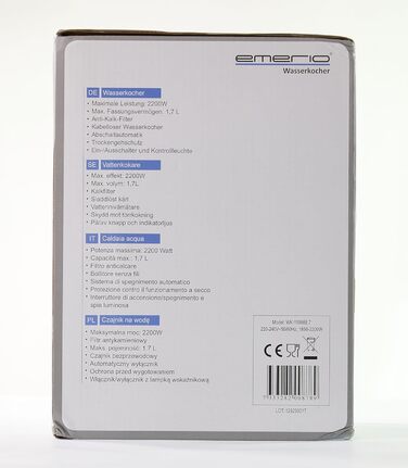 Електричний скляний чайник Emerio 1,7 л, 2200 Вт, LED-підсвітка, боросилікатне скло, BPA Free