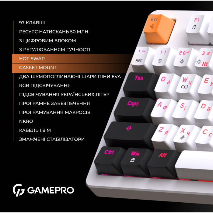 Дротова механічна клавіатура GamePro MK170W (Red) з Hot-Swap RGB White