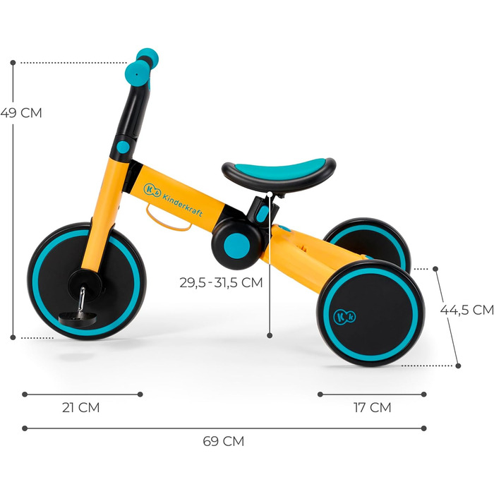 Триколісний велосипед Kinderkraft 4TRIKE 3 в 1: самокат-каталка-велосипед, жовтий, для дітей від 12 місяців до 5 років