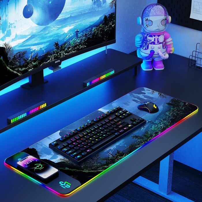 RGB ігровий килимок для миші з бездротовою зарядкою Qi 15W, LED-підсвічуванням, 10 режимів, водонепроникний, протиковзкий для геймінгу, офісу та дому (зоряне небо)