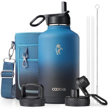 Термобутилка Coolflask 2Л зі сталі нержавіюючої з соломинкою та 3 кришками, вакуумний ізольований спорт-флакон для води та офісу, герметична, колір Indigo Black