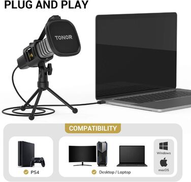 USB конденсаторний мікрофон TONOR TC30 з підставкою, поп-фільтром та павуком, кардіоїдна діаграма, для стрімінгу, подкастів, озвучування, сумісний з ПК, ноутбуком