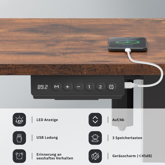 Ергономічний стіл для роботи стоячи з USB, регульований, 140x60 см, коричневий, для дому та офісу