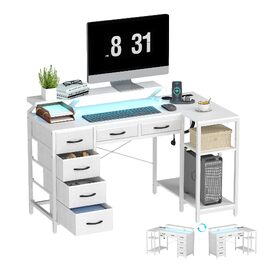 Кутовий письмовий стіл L-подібний з шухлядами, LED-підсвіткою, USB-портом та розеткою для комп'ютера, роботи та навчання, білий