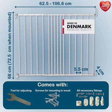 Захисний бар'єр BabyDan Copenhagen 62,5-106,8 см, білий - Розширювані сходи для безпеки дітей та домашніх тварин, Данія