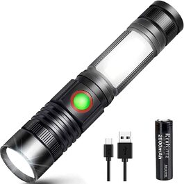 REHKITTZ LED-ліхтар надяскравий 2000 люмен, акумулятор 2500 мАг, перезаряджуваний, міні-ліхтарик з магнітом і COB, зум, універсальний ручний ліхтар для роботи