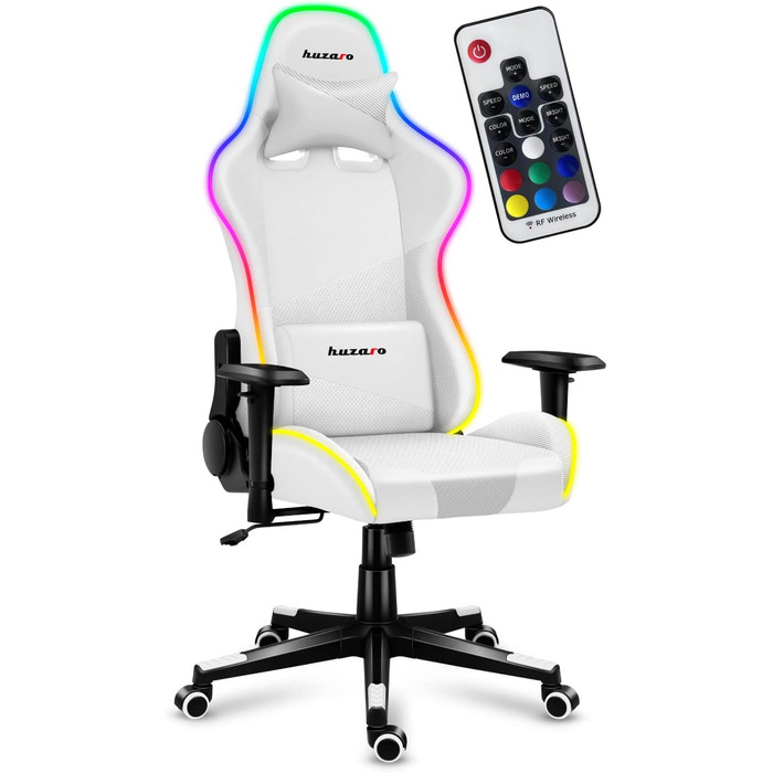 Ігрове крісло Huzaro Force 6.2 Біле з RGB LED підсвіткою, екошкіра, тканина, карбон, ергономічне, регульована висота, підголівник, поперекова підтримка, навантаження до 130 кг, офісне крісло