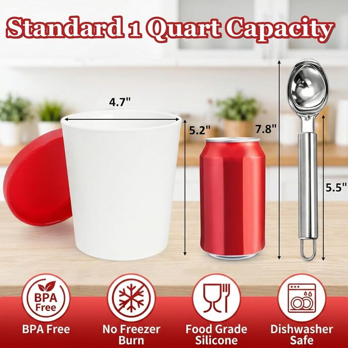 Контейнери для морозива Peohud, 4 шт, 1 л, з силіконовою кришкою, BPA-free, для дому та морозильної камери