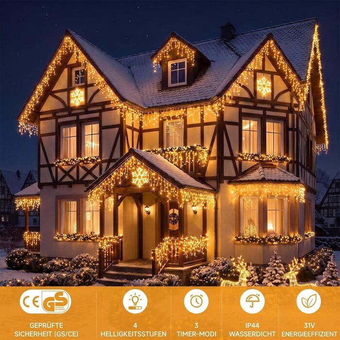 Світлодіодна гірлянда-дождик WOWDSGN 30м (1320 LED), теплий білий колір, 8 режимів, IP44 водонепроникна, для вулиці, даху та тераси