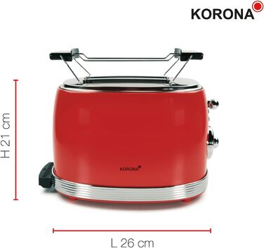 Тостер Korona 21668, 2 скибки, ретро дизайн, червоний, 850 Вт, 6 режимів, розморожування, підігрів, насадка для булочок, піддон для крихт, центрування хліба